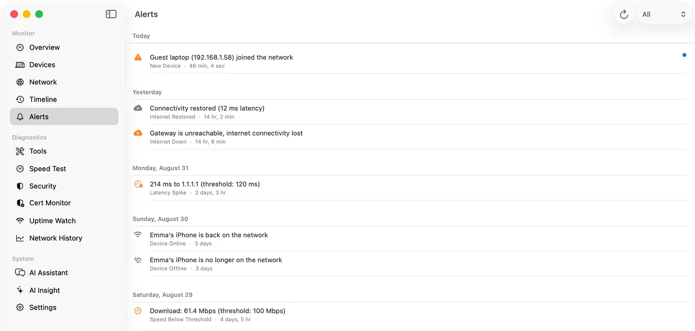 The Alerts pane in PingKit Agent for Mac, listing network events the Agent raised while it was running.