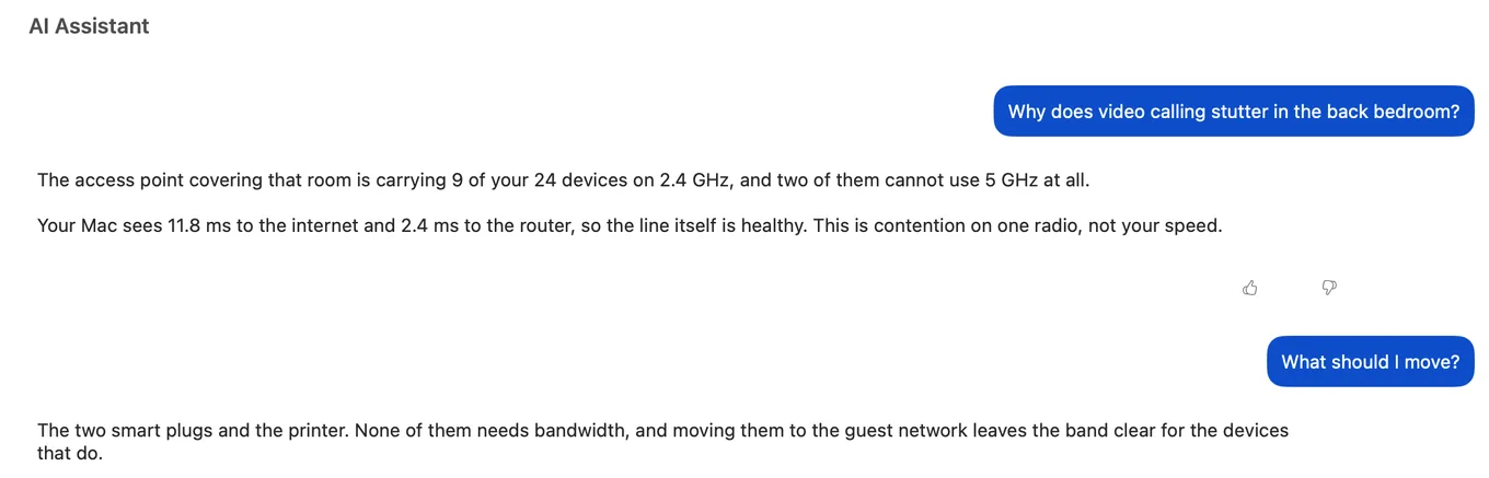 The AI Assistant in PingKit Agent for Mac, answering why video calls stutter in one room by naming how many devices share that radio, then saying which of them to move.