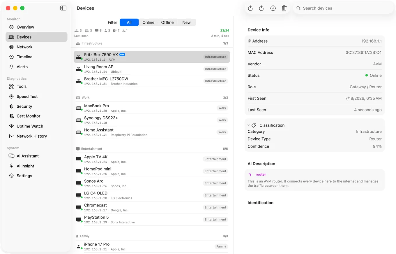 The Devices list in PingKit Agent for Mac, with each device named and sorted into a category such as Infrastructure, Work or Entertainment.