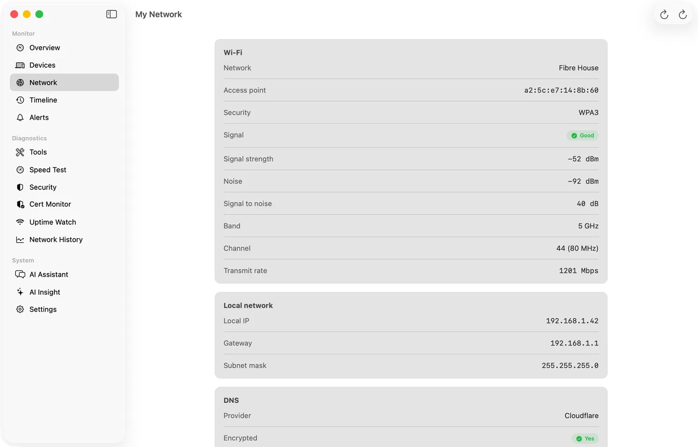The My Network pane in PingKit Agent for Mac, listing Wi-Fi radio detail, local IP and gateway, and the DNS resolver in use.