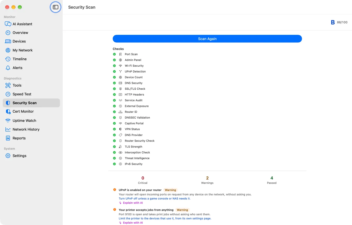 PingKit Agent's Security Scan on macOS, listing the checks it ran against the network and which ones need attention.