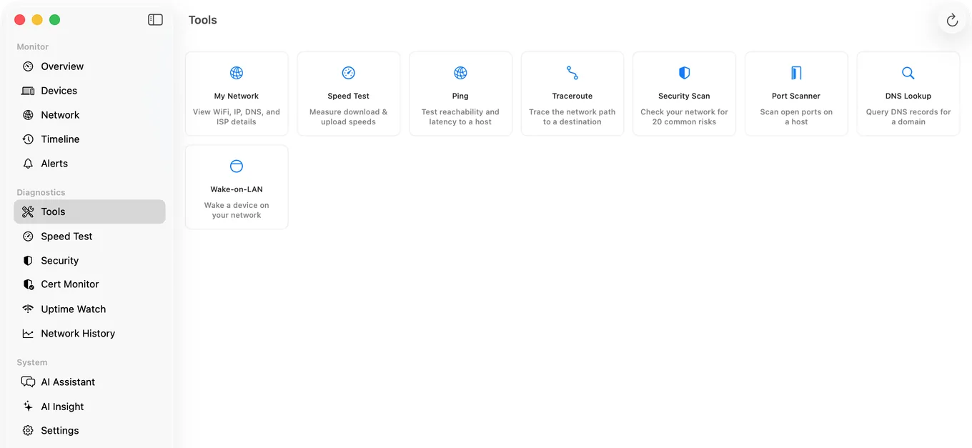 The eight diagnostic tools in PingKit Agent for Mac: My Network, Speed Test, Ping, Traceroute, Security Scan, Port Scanner, DNS Lookup and Wake-on-LAN.