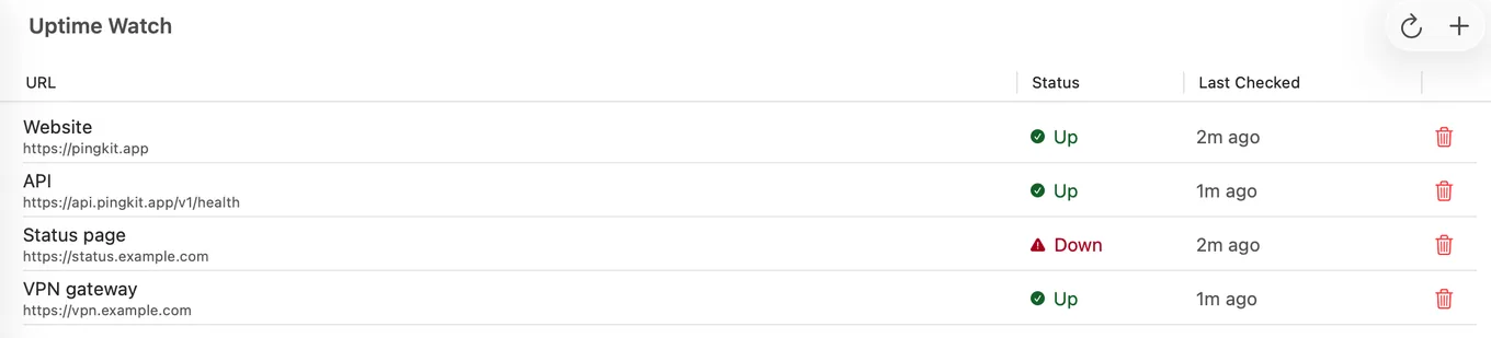 Uptime Watch in PingKit Agent for Mac, listing four monitored URLs with the current state of each and when it was last checked. One is down.