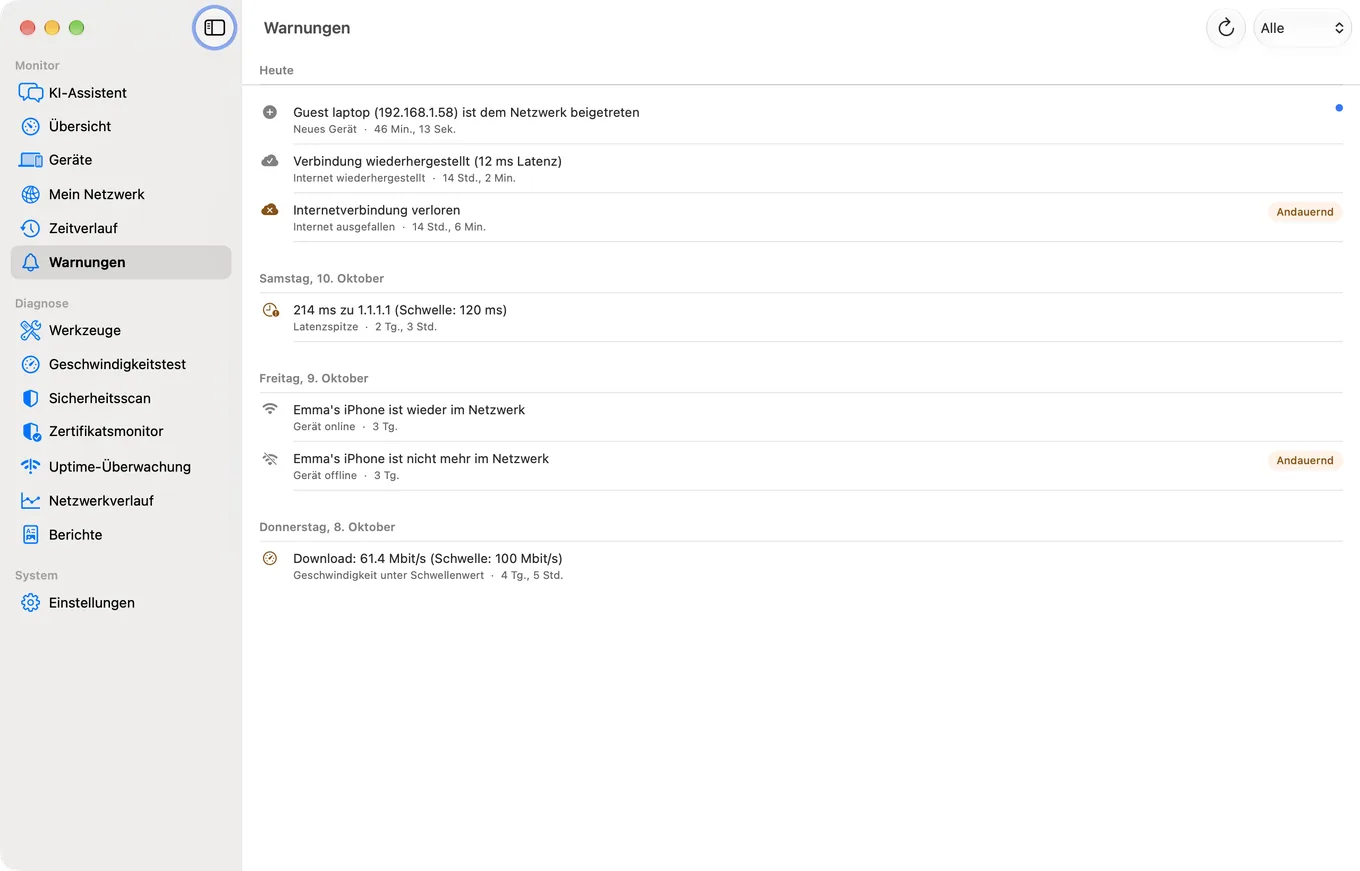 Der Bereich Warnungen in PingKit Agent für den Mac mit den Netzwerkereignissen, die der Agent gemeldet hat, während er lief.
