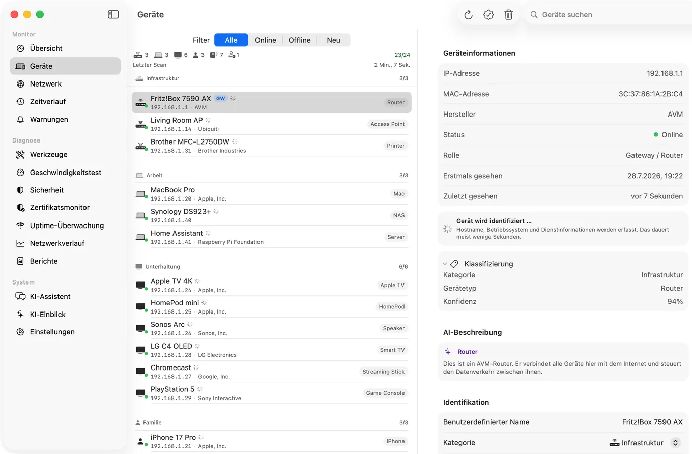 Die Geräteliste in PingKit Agent für den Mac, in der jedes Gerät benannt und einer Kategorie wie Infrastruktur, Arbeit oder Unterhaltung zugeordnet ist.