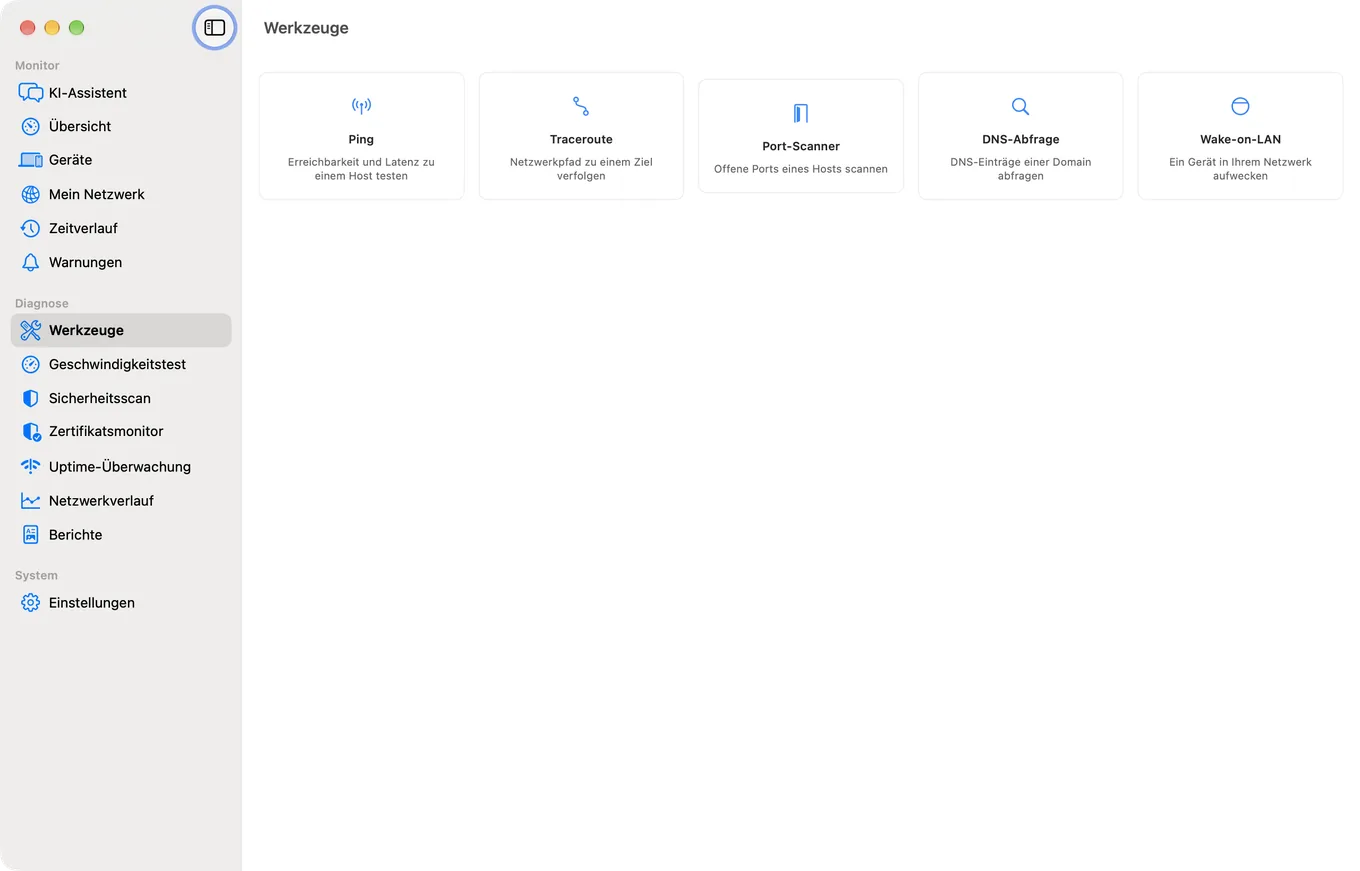 Die acht Diagnose-Tools in PingKit Agent für den Mac: Mein Netzwerk, Geschwindigkeitstest, Ping, Traceroute, Sicherheitsscan, Port-Scanner, DNS-Abfrage und Wake-on-LAN.