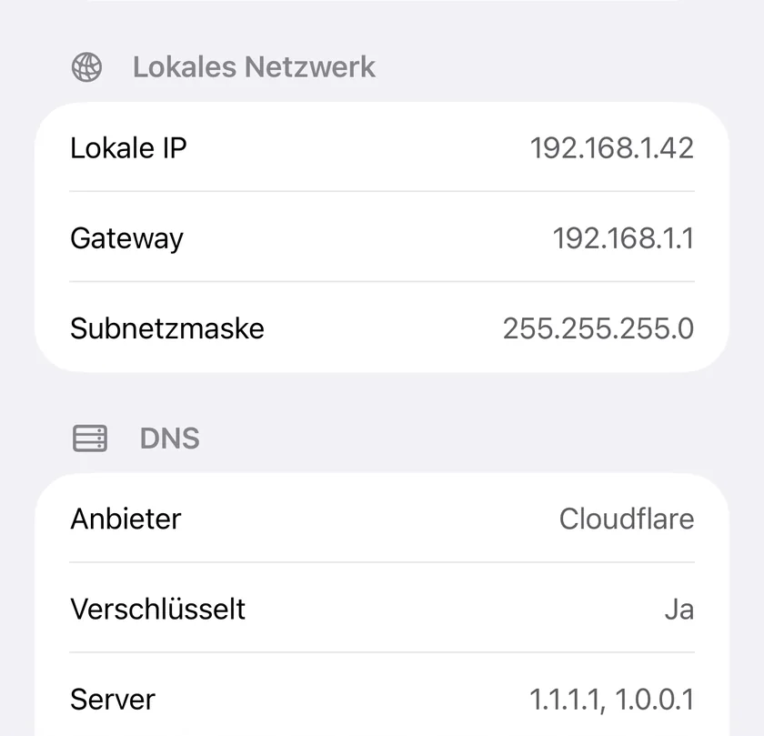 PingKit auf dem iPhone mit lokaler IP, Router und Subnetzmaske, darunter der verwendete DNS-Resolver und ob die Verbindung dorthin verschlüsselt ist.