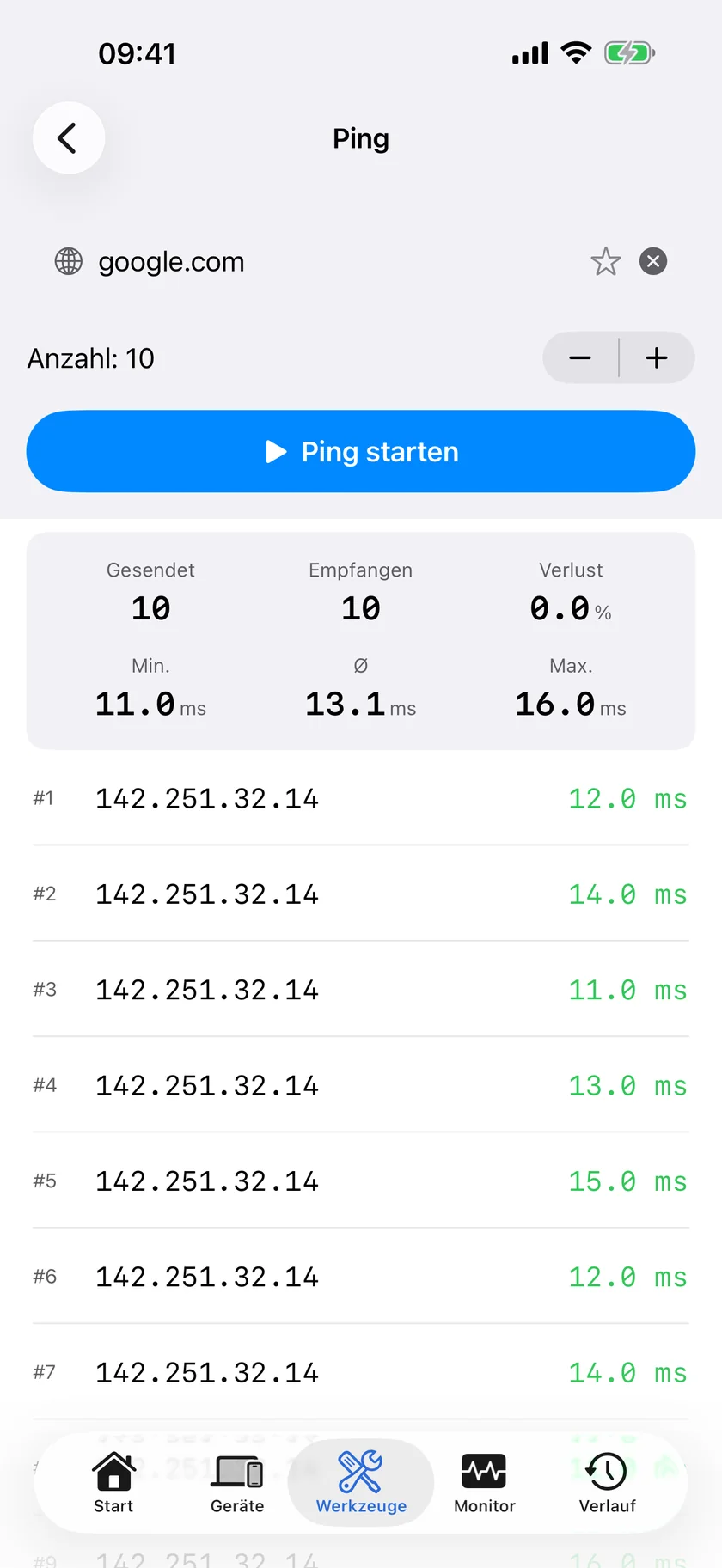 Ein abgeschlossener Ping-Lauf in PingKit fürs iPhone mit gesendeten und empfangenen Paketen, dem Verlust und der minimalen, mittleren und maximalen Laufzeit.