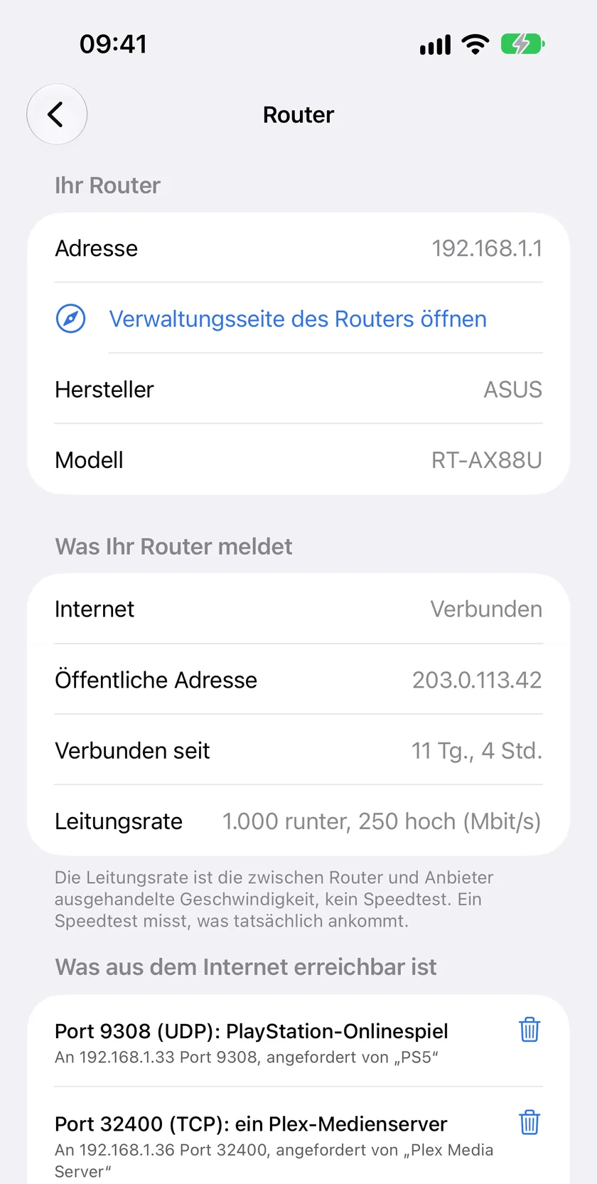 Der Router-Modus in PingKit für iPhone: Hersteller und Modell des Routers, seine Internetverbindung, öffentliche Adresse und Leitungsrate, und die Ports, die er aus dem Internet an Geräte zu Hause weiterleitet.