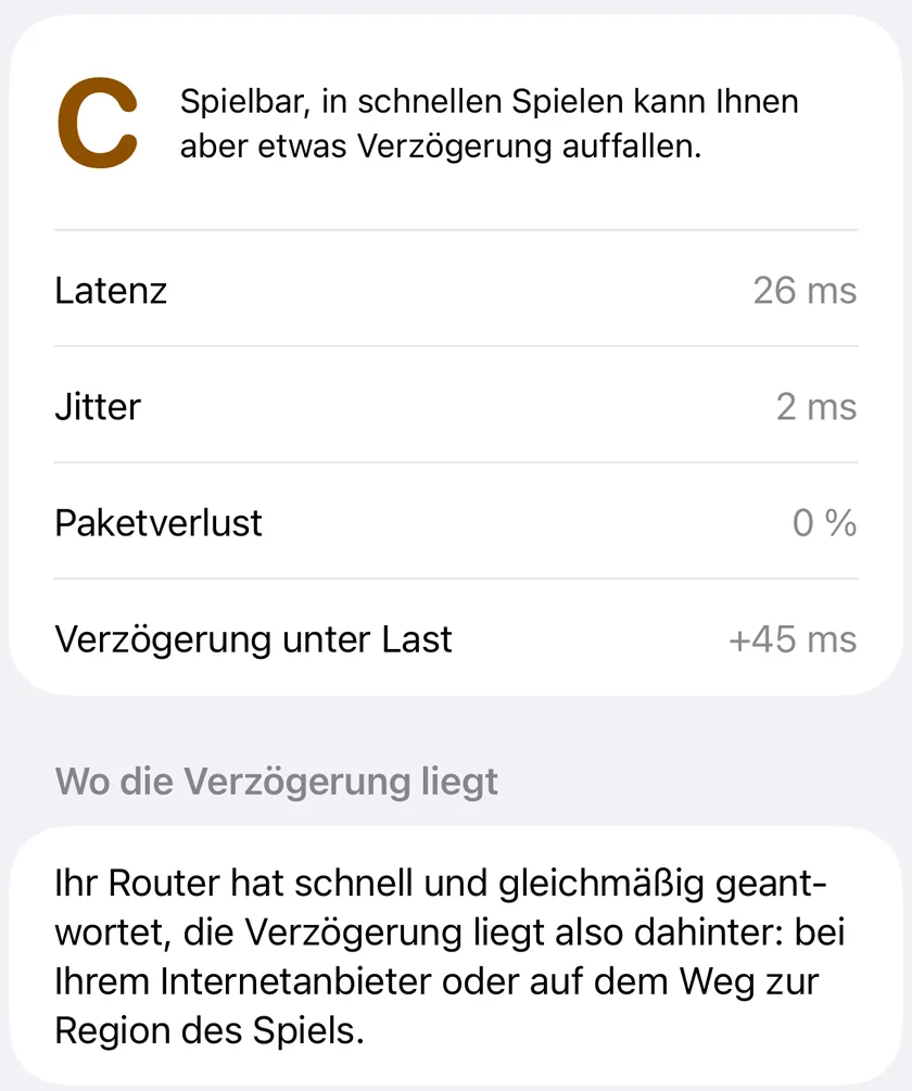 Session Watch in PingKit für iPhone nach einer abgeschlossenen Sitzung, mit C fürs Gaming benotet, mit Latenz, Jitter, Paketverlust und Verzögerung unter Last, und wo die Verzögerung liegt: hinter dem Router.
