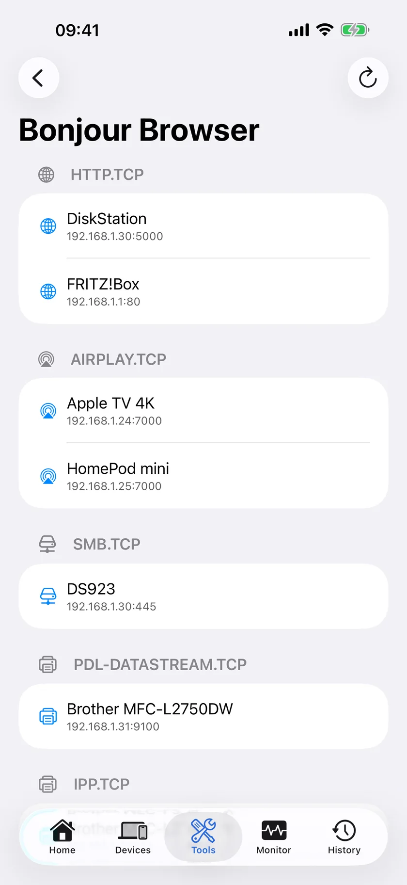 PingKit's Bonjour Browser on iPhone, grouping discovered services by type and showing the device, address and port advertising each one.