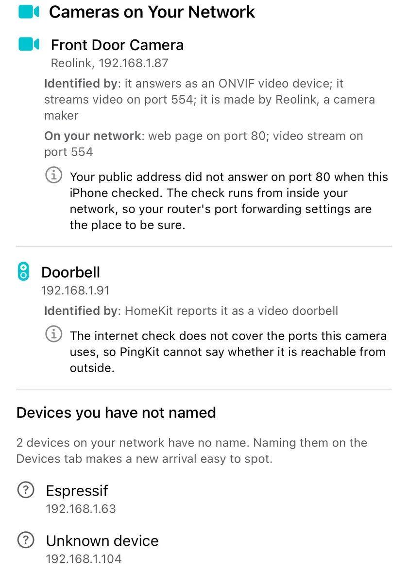 The cameras on your network in PingKit's Security Scan on iPhone: each camera found, how it was recognised, and whether it can be reached from the internet.