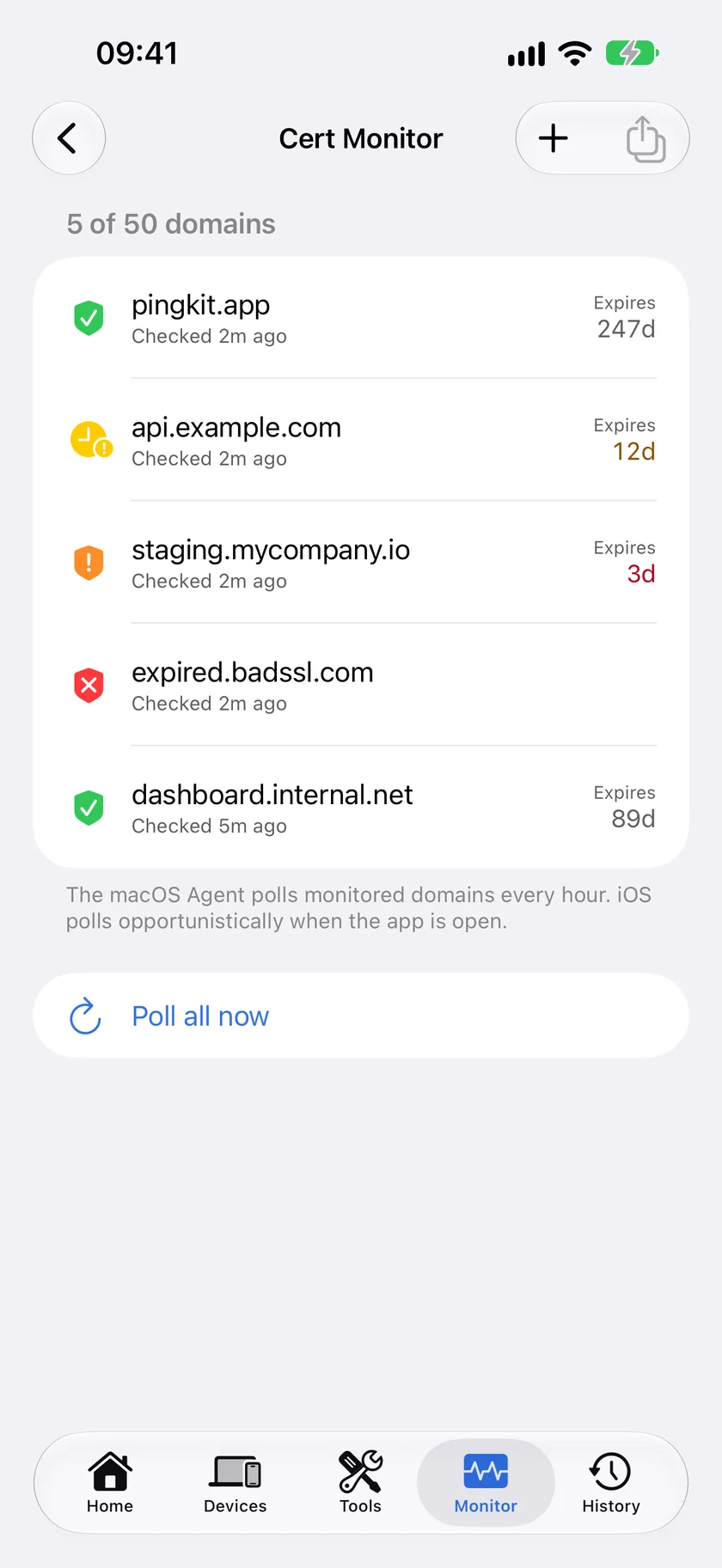PingKit Cert Monitor on iPhone with Guardian Plus: five of fifty domains, each with the days left on its TLS certificate.