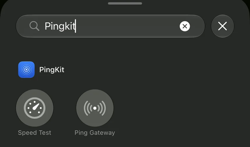 The Add a Control gallery on iPhone, filtered to PingKit, showing the two controls PingKit adds to Control Center: Speed Test and Ping Gateway.