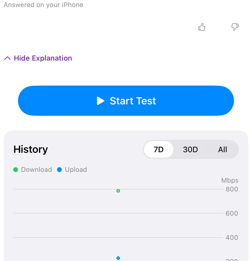 A finished speed test in PingKit for iPhone with Explain This Result expanded underneath it, reading the download, upload and latency back in plain language, captioned Answered on your iPhone.