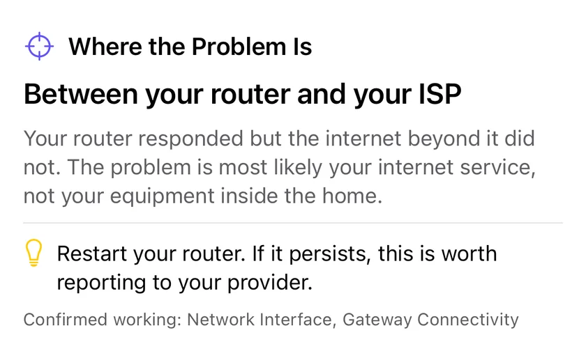 PingKit for iPhone naming where a fault is: between your router and your ISP, with the reasoning, what to do next, and which parts of the path it confirmed were working.