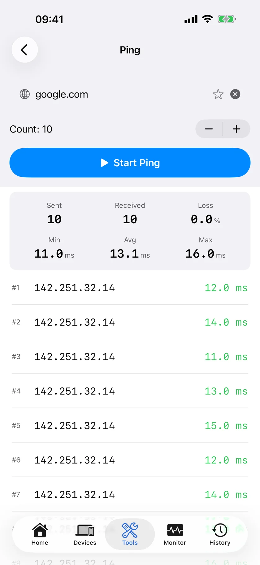 A completed ping run in PingKit for iPhone, showing packets sent and received, loss, and minimum, average and maximum round-trip times.