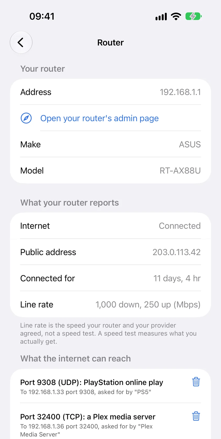 Router mode in PingKit for iPhone: the router's make and model, its internet connection, public address and line rate, and the ports it forwards from the internet to devices at home.
