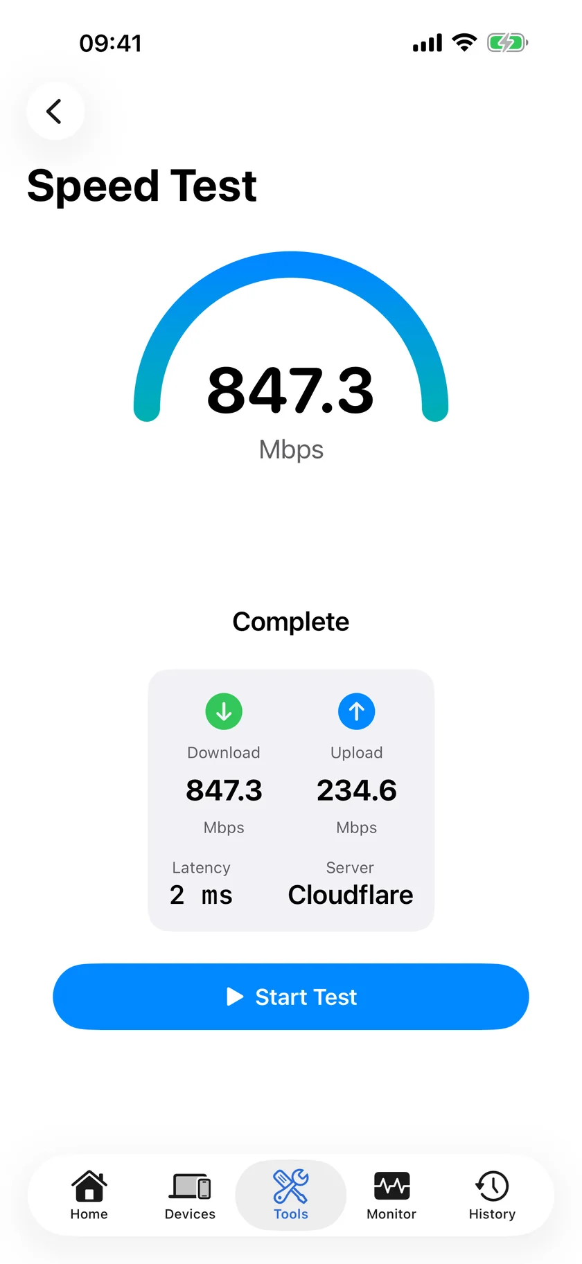 A completed speed test in PingKit for iPhone reading 847.3 Mbps down and 234.6 Mbps up, with 2 ms latency against a Cloudflare server.