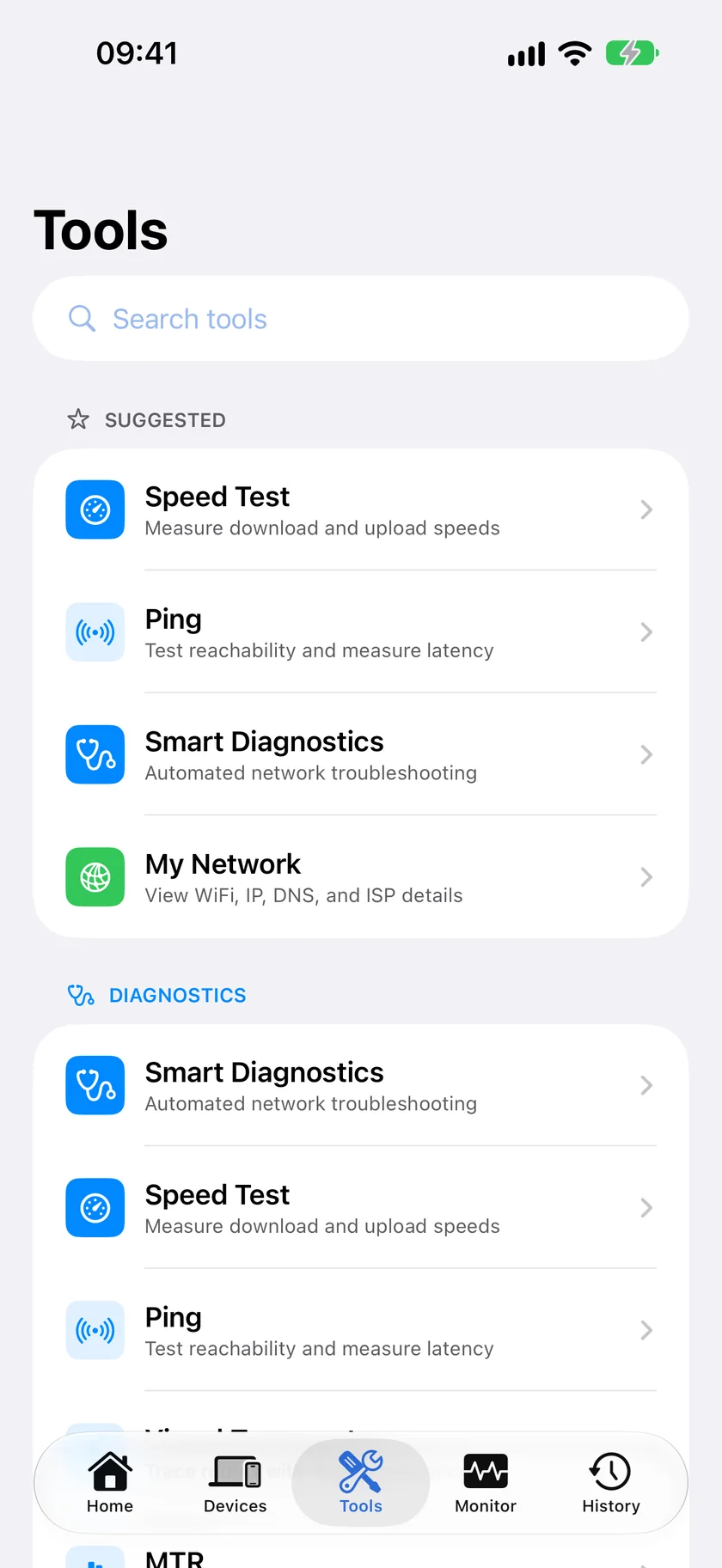 The tools list in PingKit for iPhone, grouped into Diagnostics and Network, each tool with a one-line description of what it does.