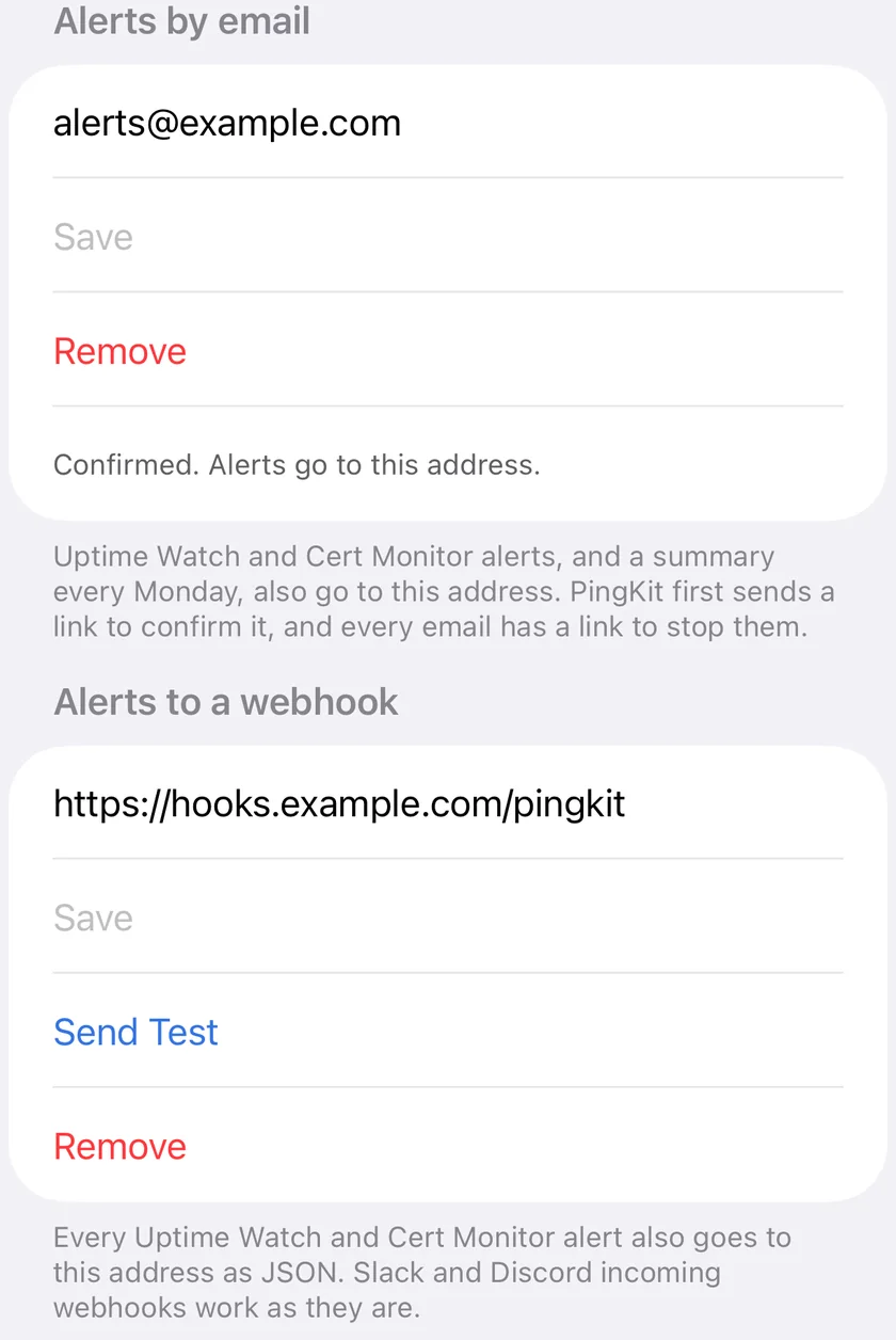 Guardian Plus alert channels in PingKit for iPhone: a confirmed email address, which also gets a summary every Monday, and a webhook that receives every Uptime Watch and Cert Monitor alert as JSON.