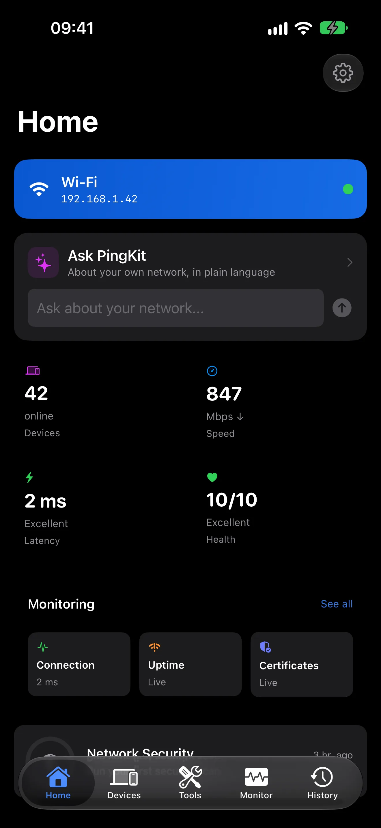 PingKit iPhone app dashboard showing AI network assistant and WiFi health score