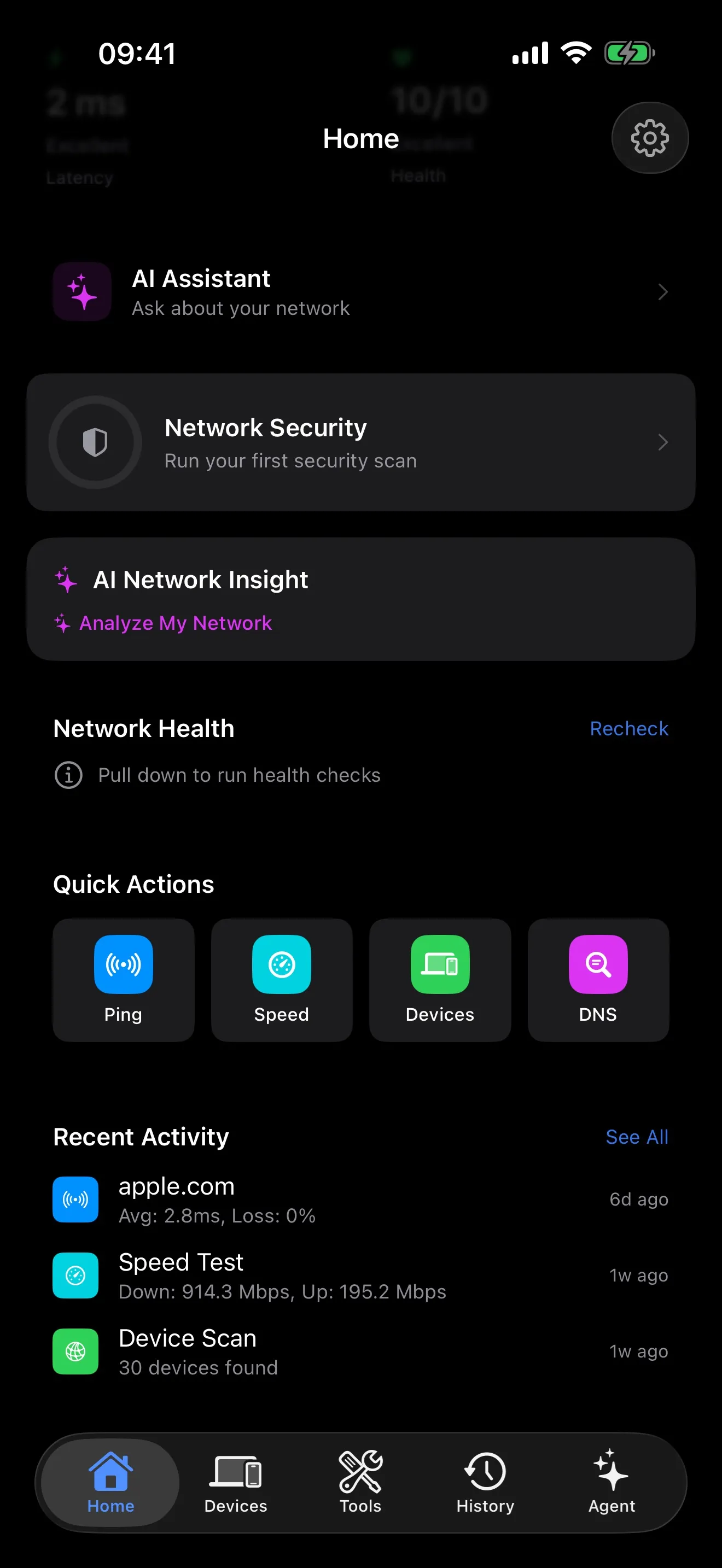 PingKit internet speed test results showing download upload speeds and history