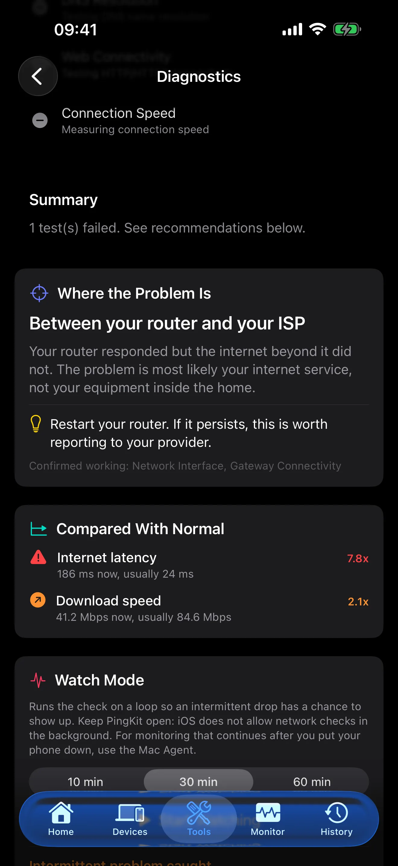 PingKit fault localisation showing whether the problem is your device, your network, your router or your provider