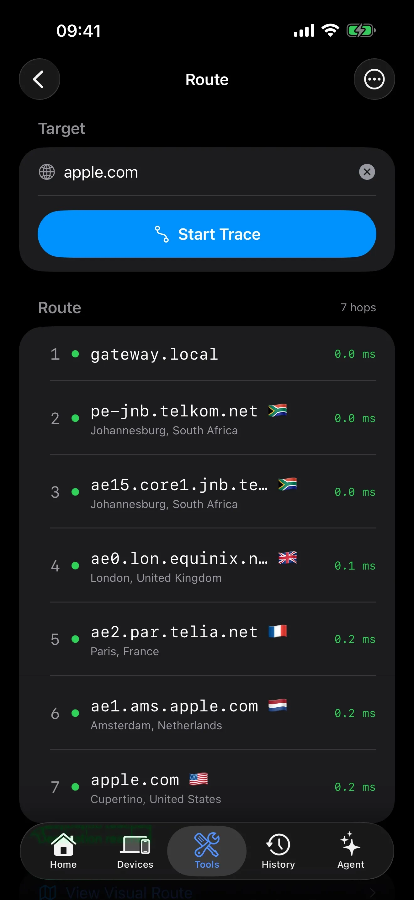 PingKit visual traceroute with geographic hop mapping and country flags