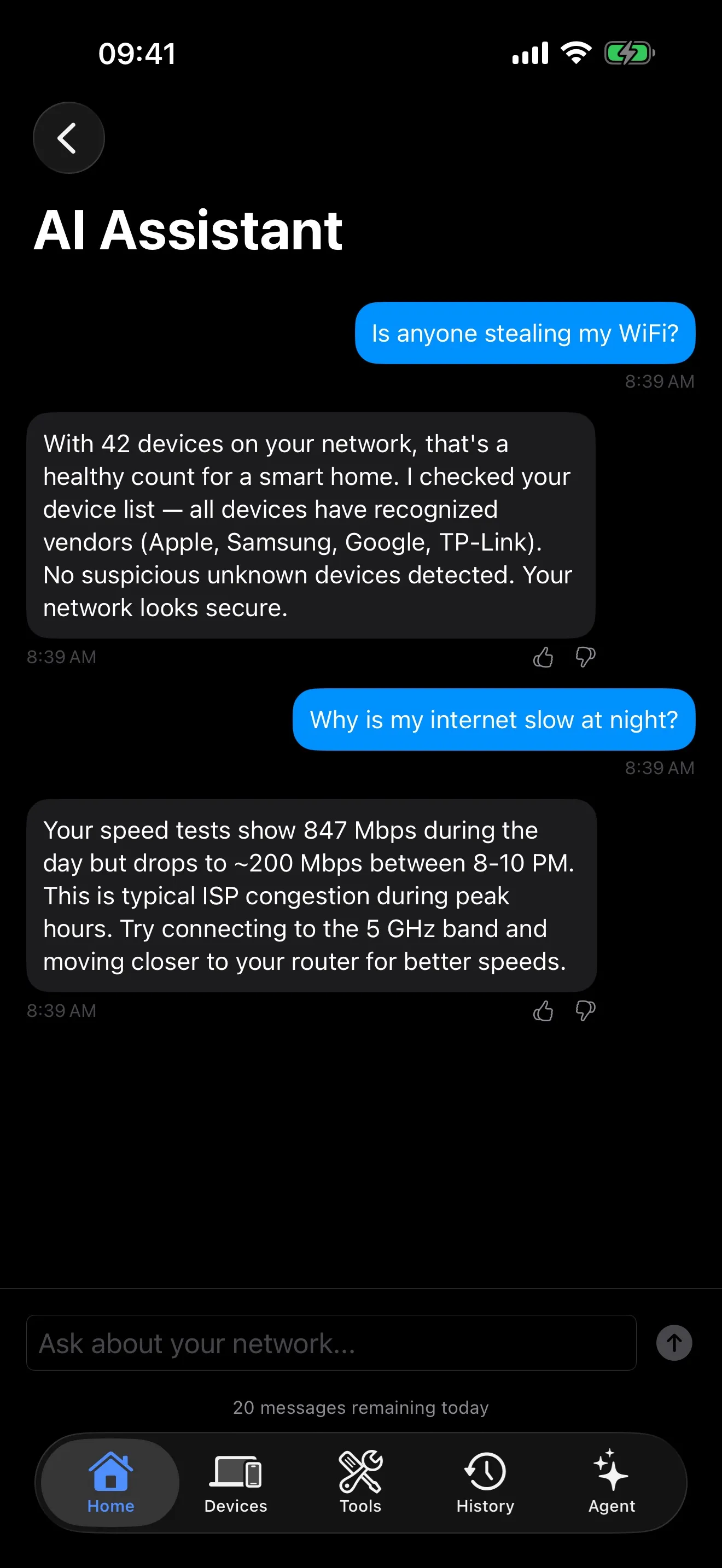 PingKit AI chat assistant answering WiFi troubleshooting questions on iPhone
