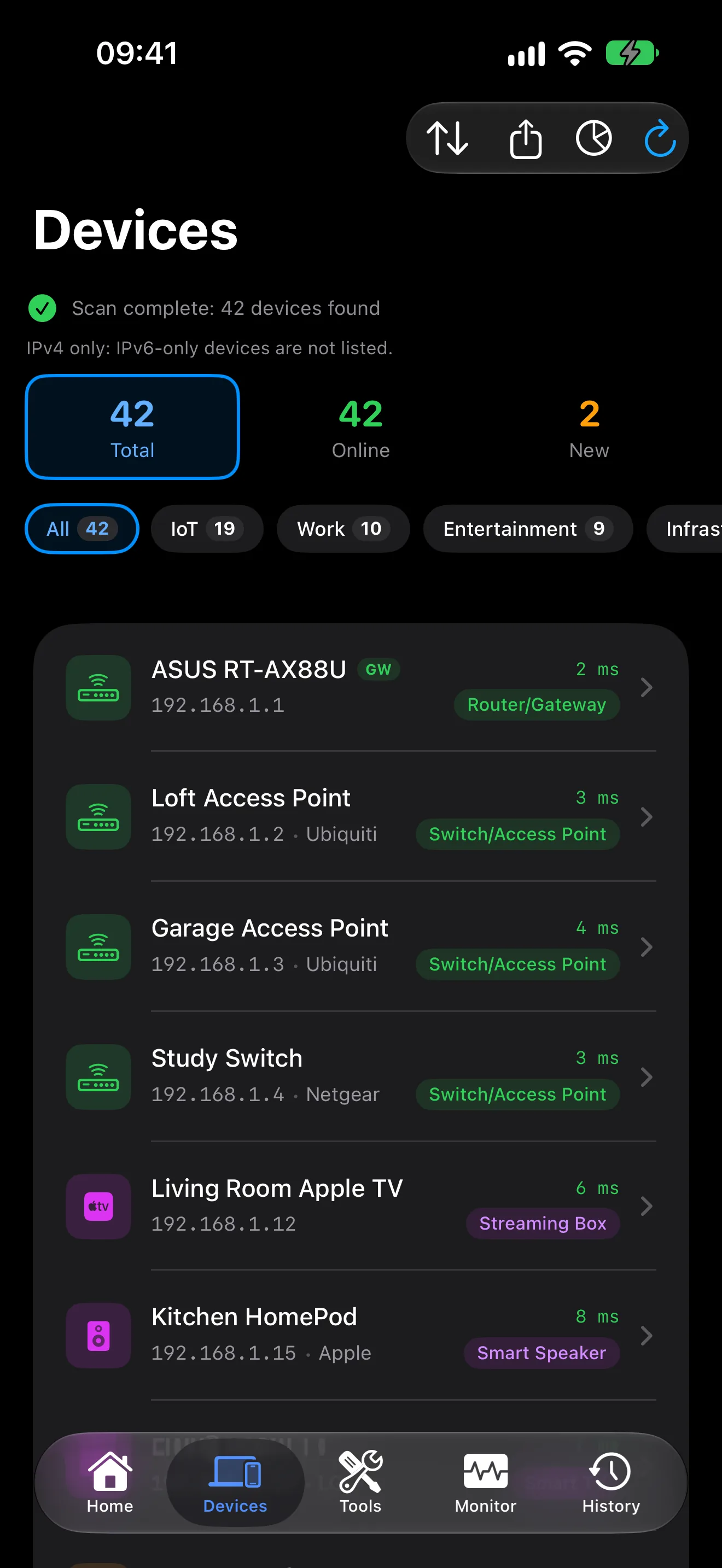 PingKit device list showing the devices on your network by name, type and maker