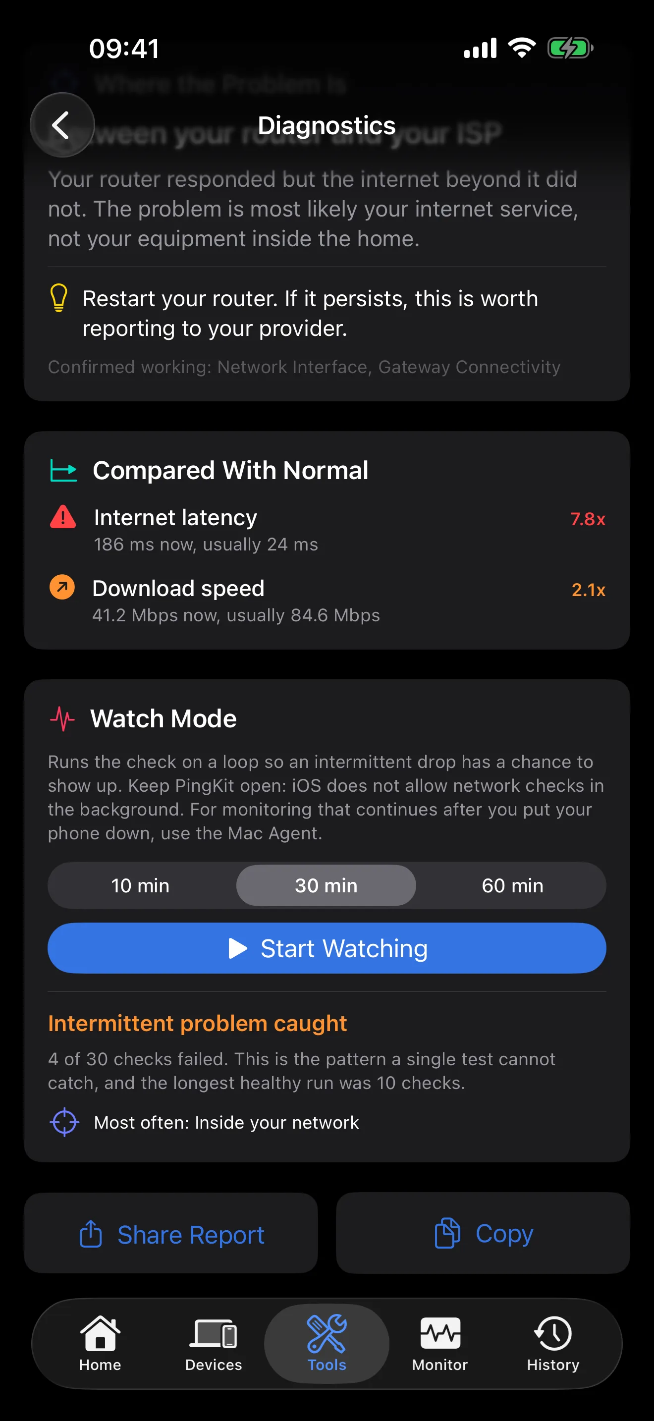 PingKit Watch Mode re-running the connection check on a loop to catch an intermittent dropout