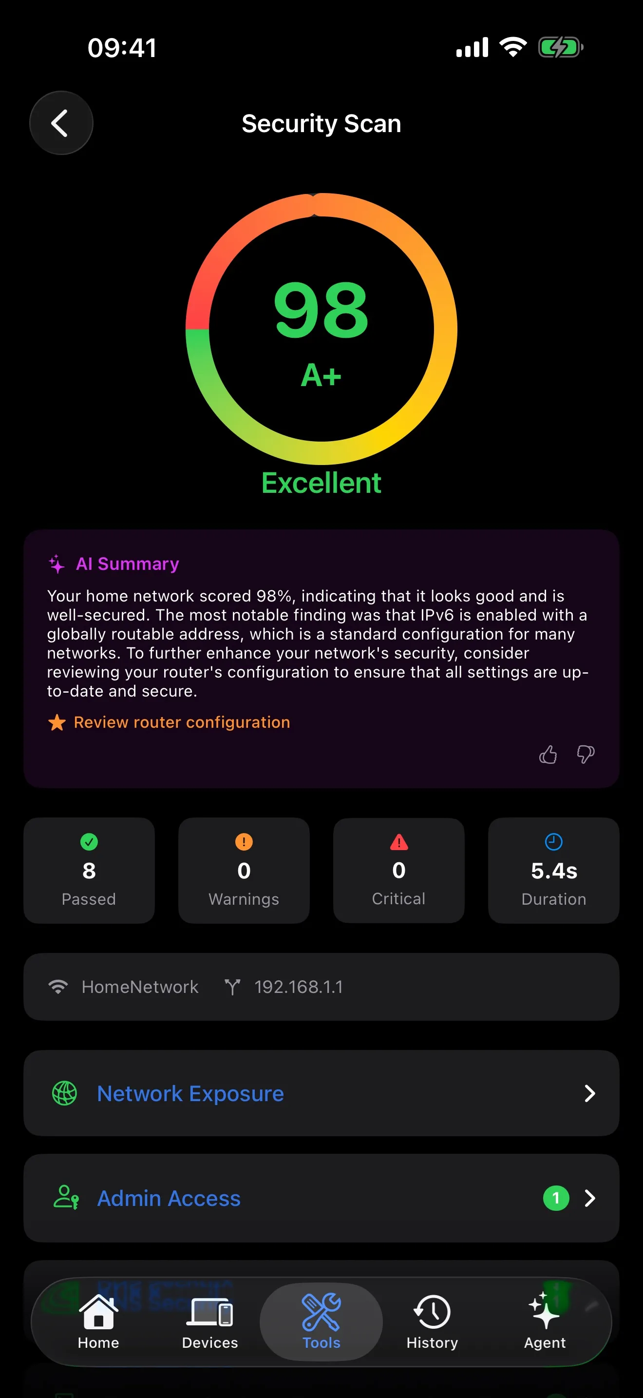 PingKit network security scan results with vulnerability findings on iPhone