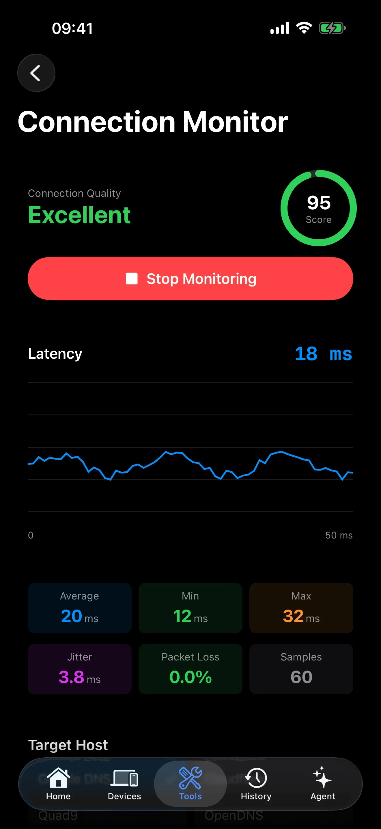 PingKit connection monitor with real-time latency graph and stability score