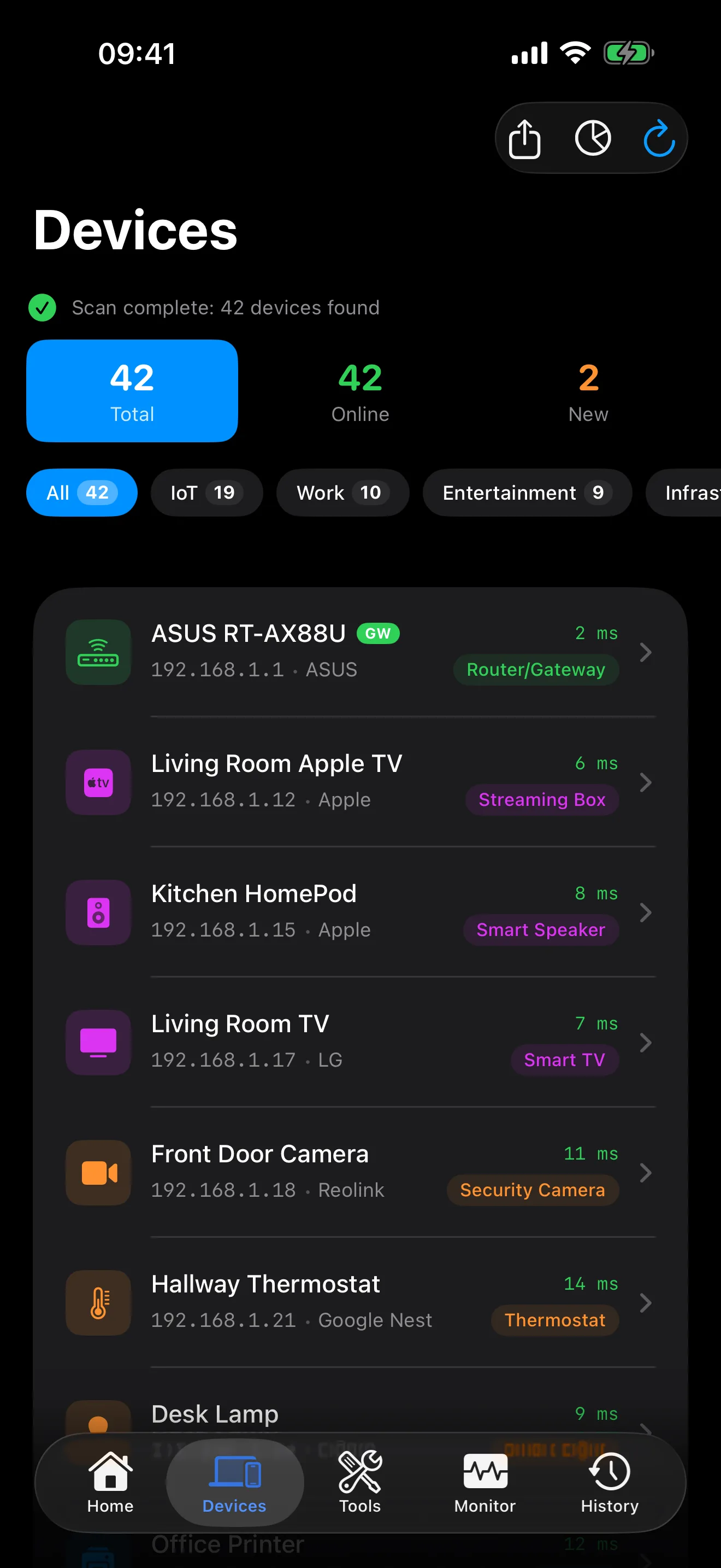 PingKit device list identifying every device on your network by name, type and vendor
