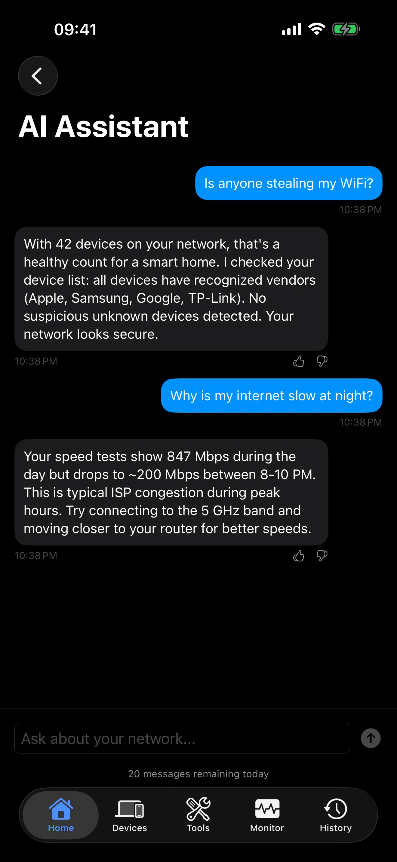 PingKit AI chat assistant answering WiFi troubleshooting questions on iPhone
