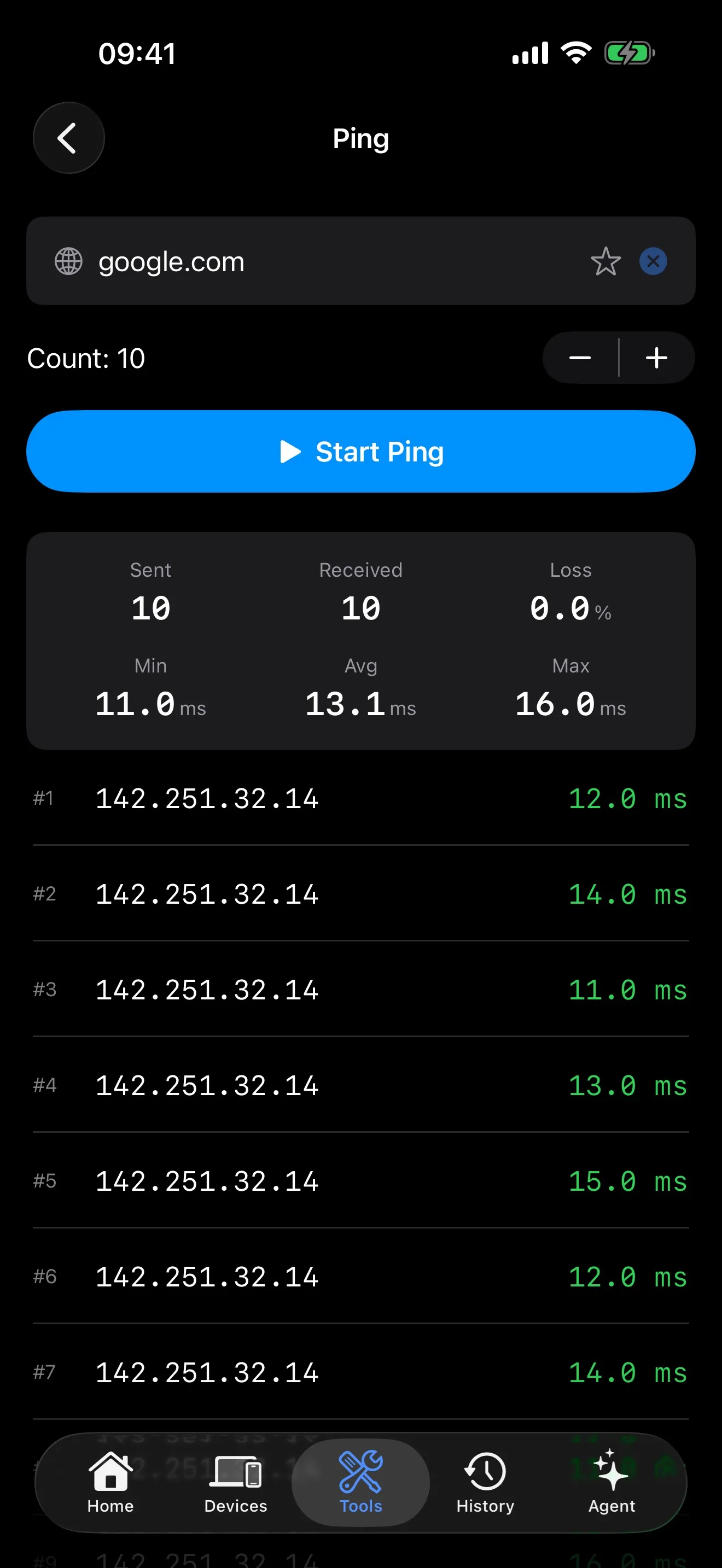 PingKit ping tool showing network latency and packet loss results
