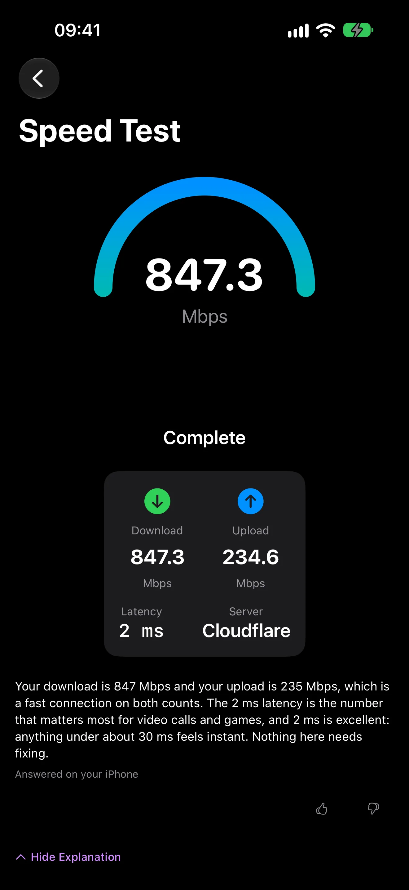 PingKit internet speed test result with download and upload speeds, latency and a plain-language explanation