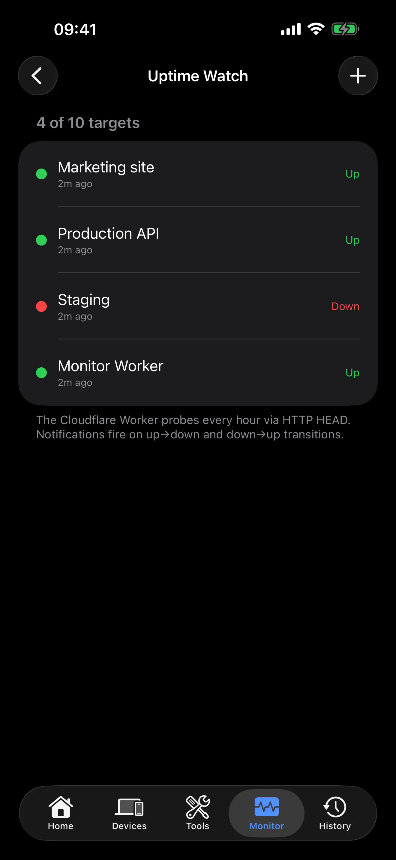 PingKit Uptime Watch showing website availability monitoring with hourly HTTP probes