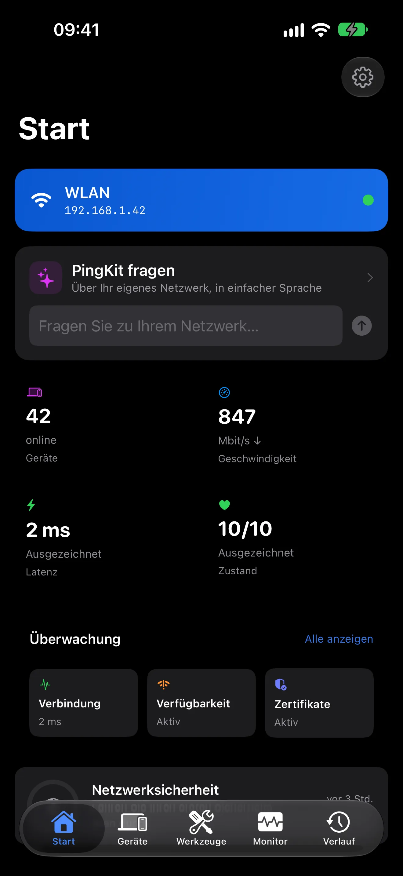 Das Dashboard der PingKit-App fürs iPhone mit KI-Netzwerkassistent und der Bewertung des WLAN-Zustands