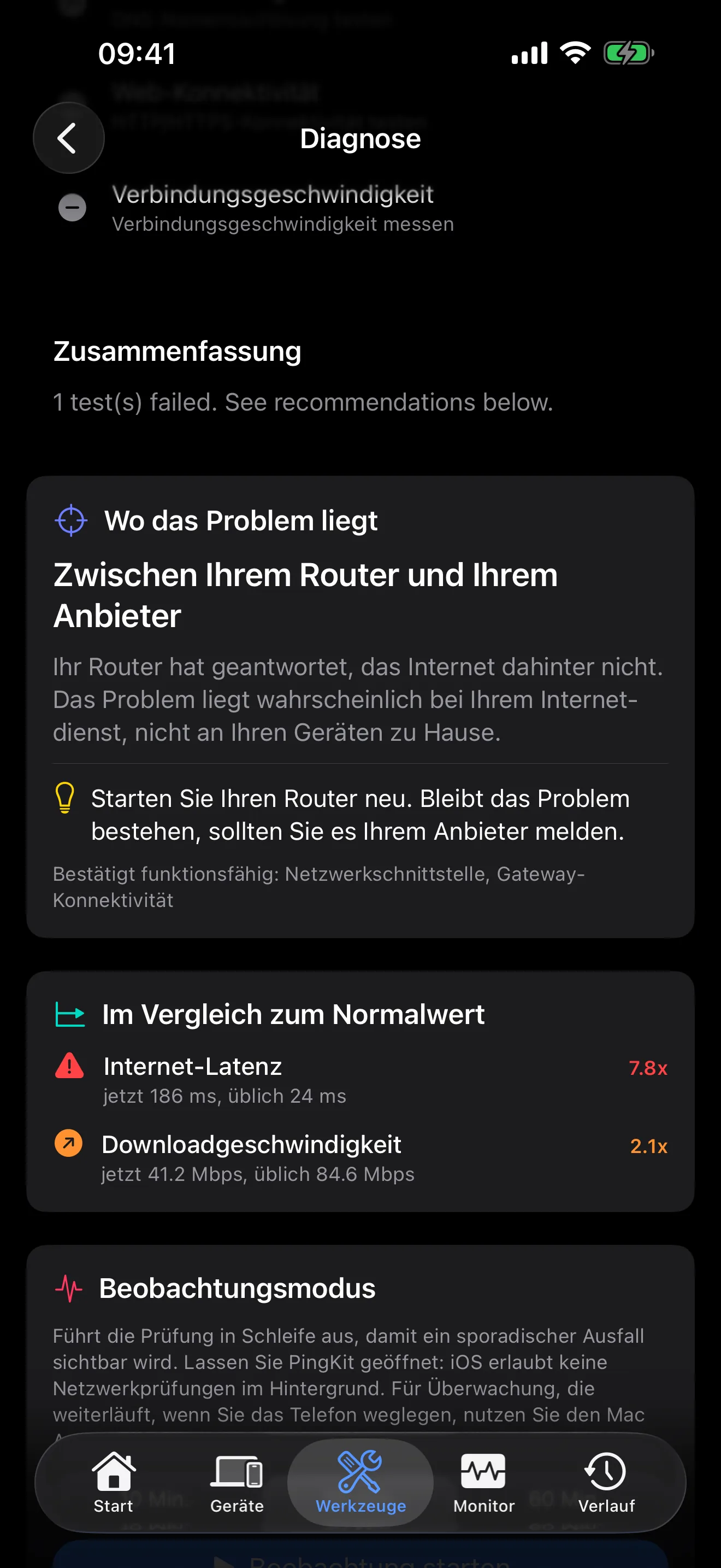 Die Fehlereingrenzung in PingKit zeigt, ob das Problem an Ihrem Gerät, Ihrem Netz, Ihrem Router oder Ihrem Anbieter liegt
