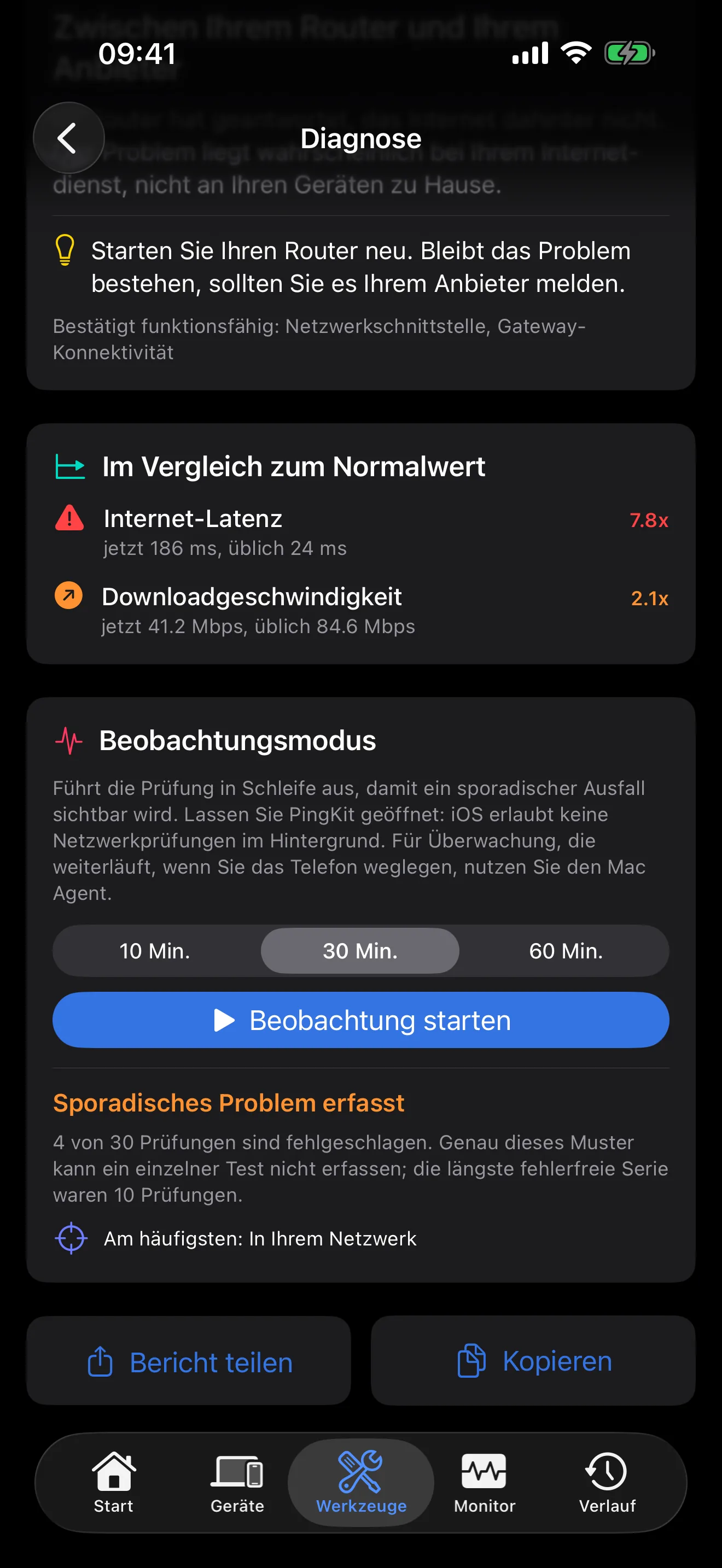 Der Beobachtungsmodus von PingKit wiederholt die Verbindungsprüfung in einer Schleife, um einen sporadischen Ausfall zu erwischen
