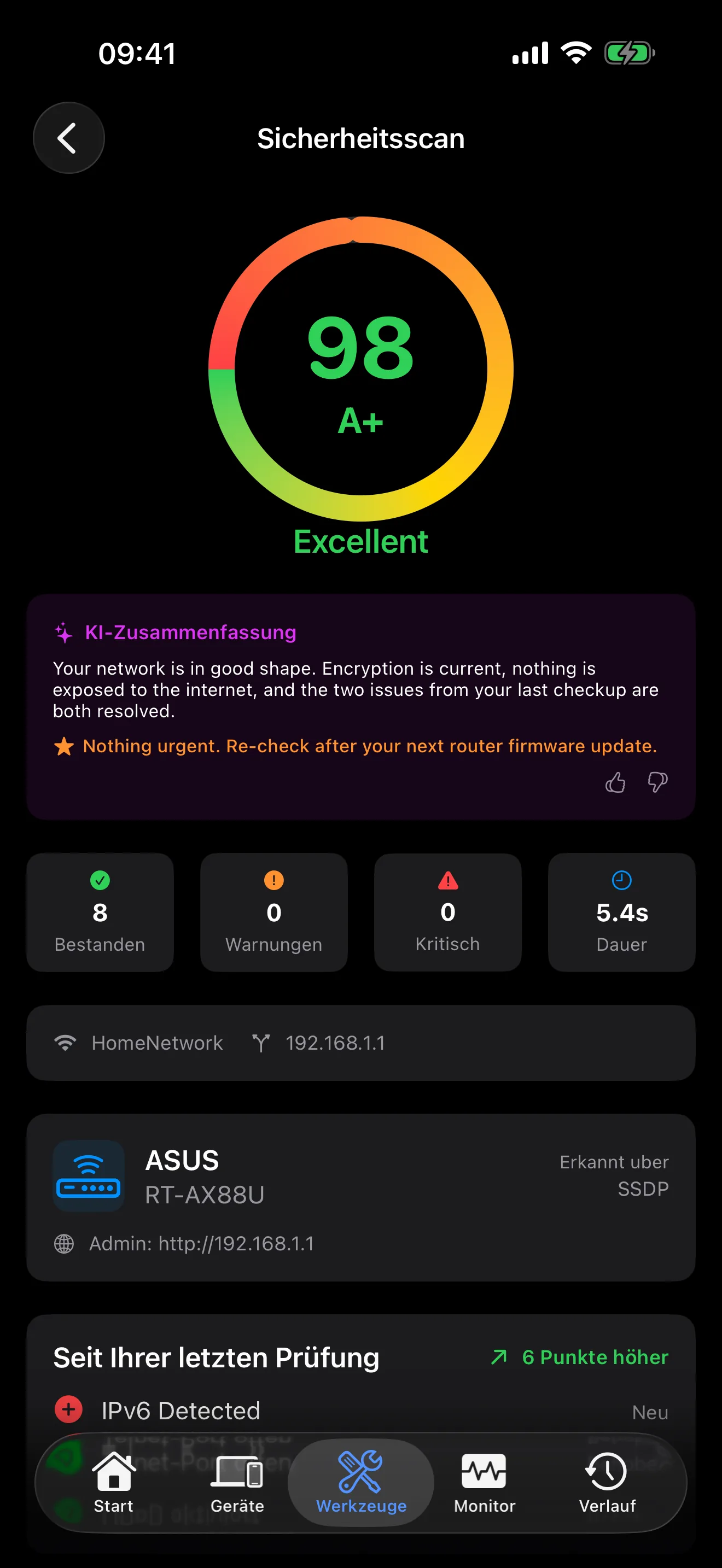Ergebnisse der Sicherheitsprüfung in PingKit fürs iPhone mit Befunden nach Schweregrad