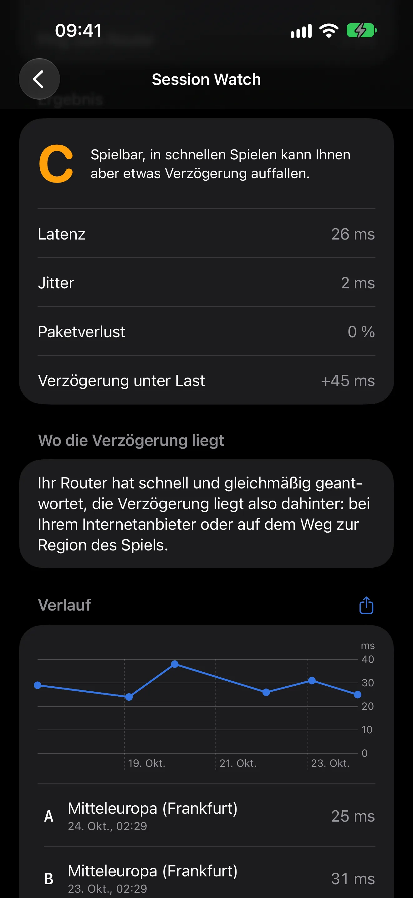 Session Watch von PingKit bewertet eine Verbindung fürs Gaming, mit Latenz, Jitter, Paketverlust, Verzögerung unter Last und wo die Verzögerung liegt